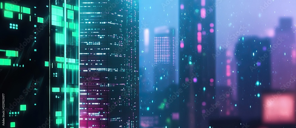 Poster motion blur in high-speed tech pov with digital graphs and hexagon grids