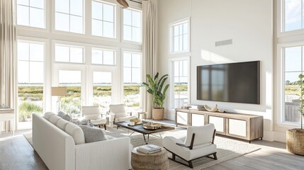 Fototapeta premium Coastal Living Room with Panoramic Windows