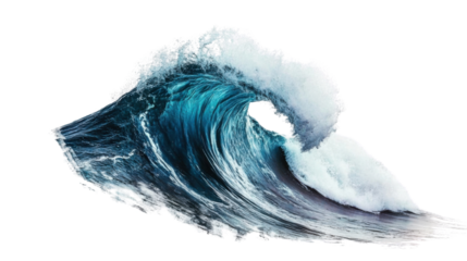 Big blue ocean wave breaking with foam and transparent background. Transparent background