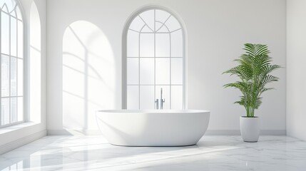Fototapeta premium Modern White Bathroom With Freestanding Tub And Plant
