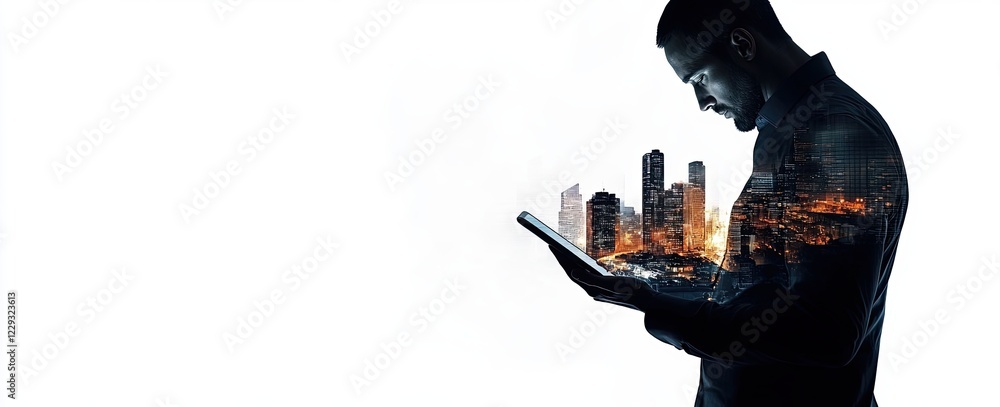 Aufkleber man with tablet in a futuristic cityscape with a network technology backdrop