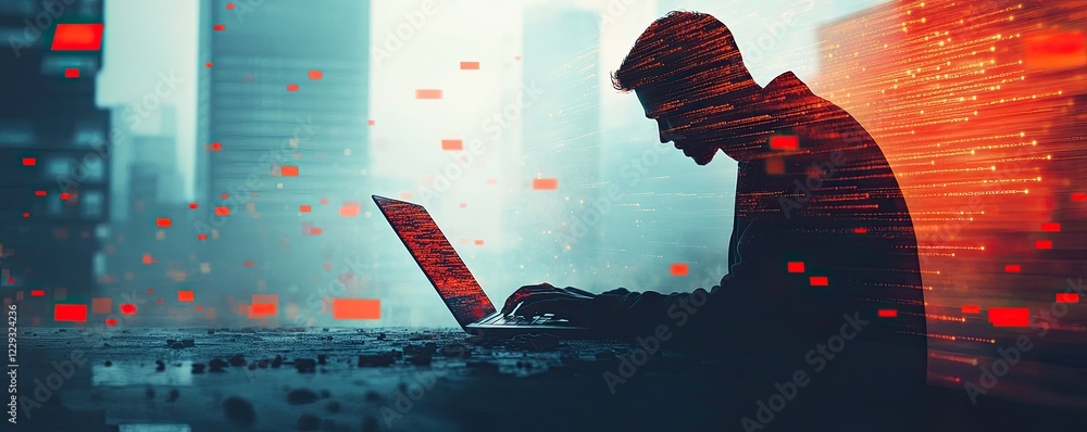 Poster programmer using phone and laptop, digital tech, data exchange, internet network