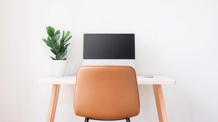 Scandinavian home office, clean desk, ergonomic chair, neutral tones, natural light, simple decor