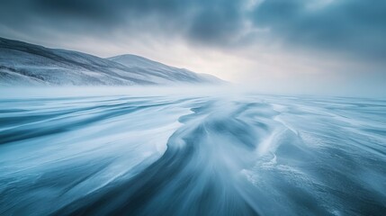 Obraz premium A long exposure of frozen ground during a blizzard.