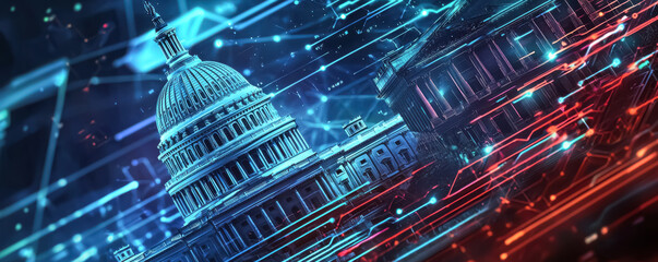 Fototapeta premium Government and Technology Illustration with Red and Blue Data Networks 