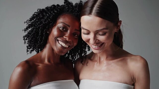 Two Interracial Women in Their Late 20s Smiling in a Minimalist Grey Studio