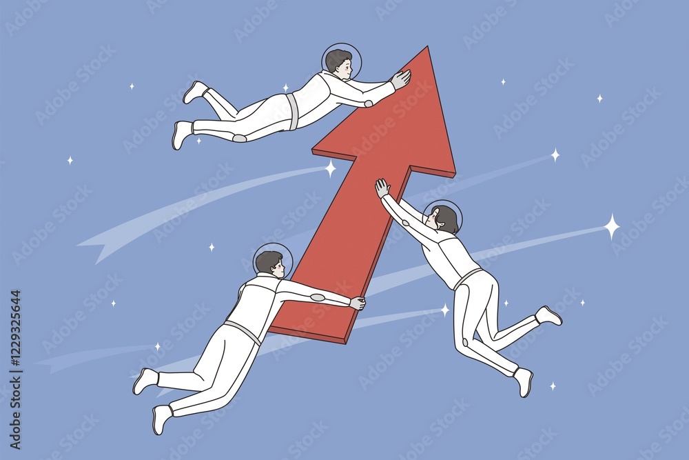 Poster development and exploring space concept. group of positive men astronauts cosmonauts holding huge re