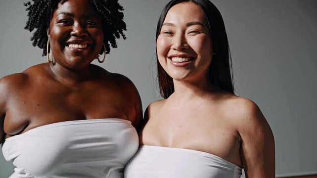 Two Body Positivity happy women with diverse background, Radiating Happiness in a Neutral Studio Setting