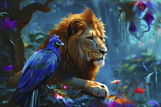 AI generated wildlife image of a lion and a blue bird enhanced with digital art