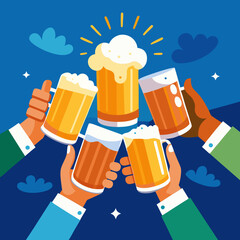Happy hands raise various mugs of beer in a toast, celebrating friendship and good times under a bright, cheerful blue sky during a lively gathering