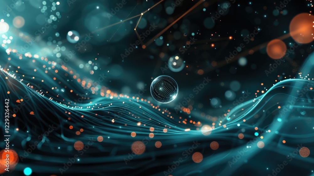 Poster this stunning futuristic abstract background features flowing waves with light and particles, perfec
