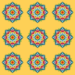 Mandala, seamless floral pattern on yellow background