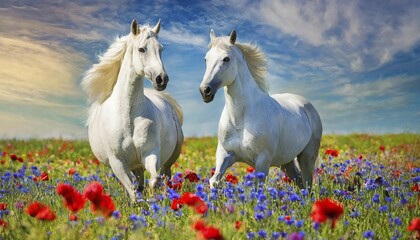 Obraz premium KI generated, A horse, horses, Arabian, in front of a blue sky, thoroughbred Arabian, AV, Arabian thoroughbred, (Eqqus ferus caballus), running in a meadow with colourful flowers