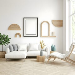 A bright and airy living room bathed in natural light from large,paned windows overlooking a lush garden. The room is anchored by a plush, light sectional sofa adorned with soft, neutral pillows.
