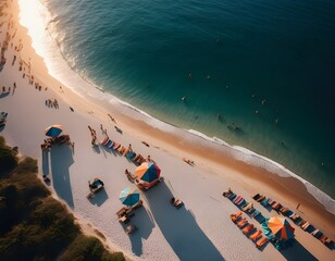 "A stunning aerial drone shot of a tropical beach with crystal-clear turquoise water meeting soft white sand. Gentle waves create foamy patterns along the shoreline, while colorful beach umbrellas dot