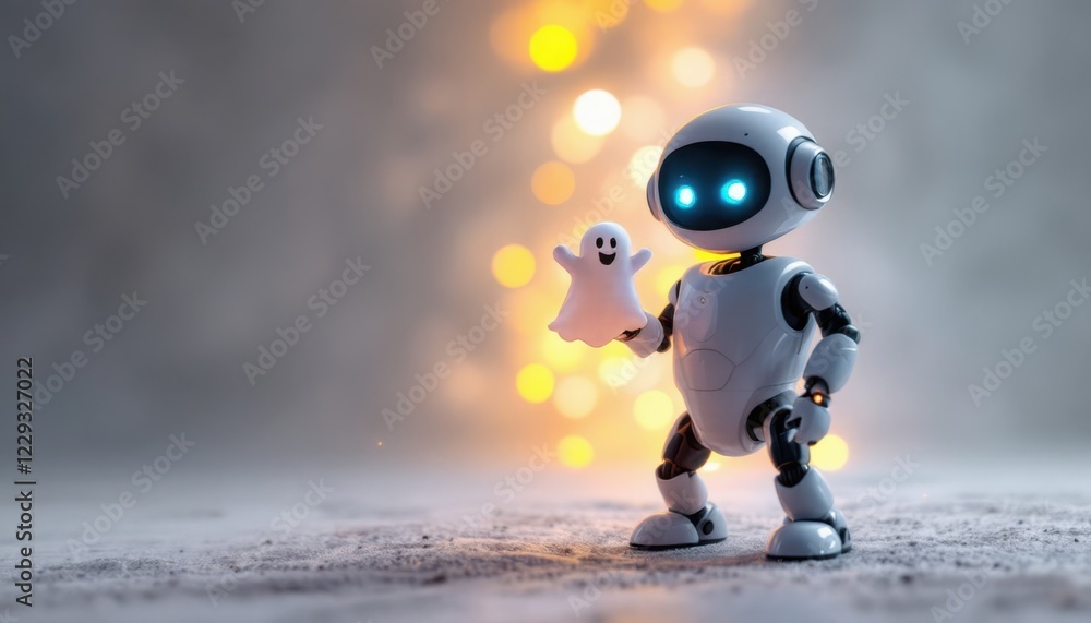 Poster robot walking with a package in a light and bright setting.