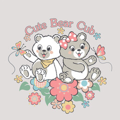 Cute and beautiful bear vector illustration with flowers and butterfly decoration, charming and nature-inspired design
