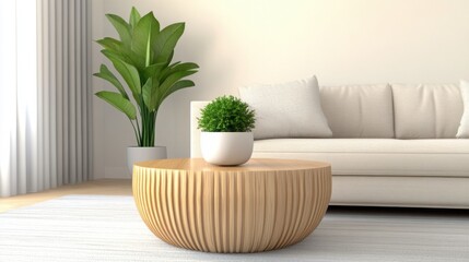 Scandinavian living room, neutral sofa, wooden coffee table, green plants, soft lighting