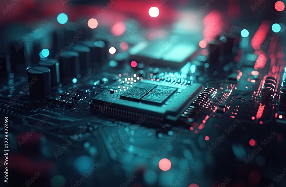 Aufkleber electronic circuit board with microchips and processors, tech concept. macro, shallow focus
