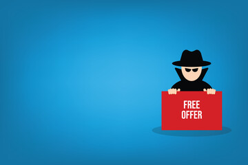 Hacker holding free offer message banner. Hacking concept.	