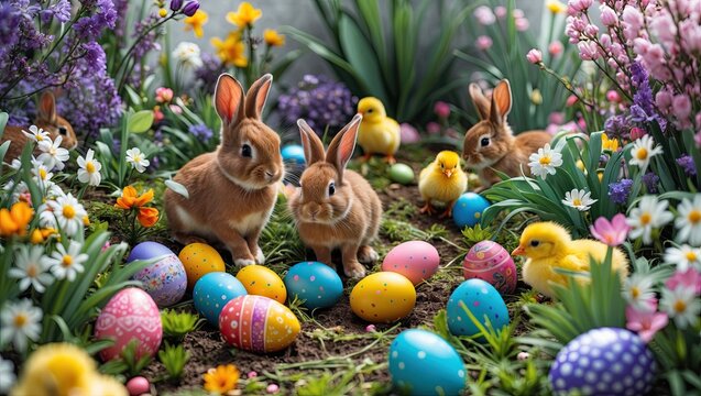 Easter theme with eggs, bunny, and flowers 