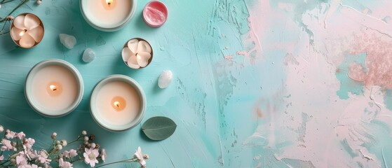 Lit candle and colorful flowers on a light textured background. Flat lay composition with copy space for relaxation and spa design. Top down aerial view of candles. Recreation concept. AIG55.