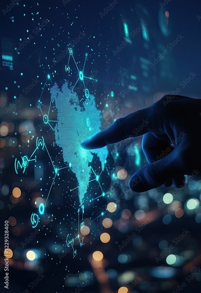Poster man touches hologram node: tech, workflow, online data management concept