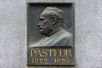 Memorial plaque with the relief of Luis Pasteur, 1822-1895, microbiologist, physicist and chemist, on a house wall, Strasbourg, Alsace, France, Europe