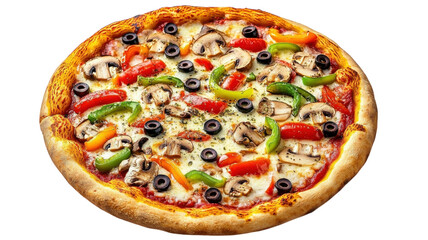 Delicious vegetarian pizza topped with olives, mushrooms, and colorful bell peppers sits on a wooden table