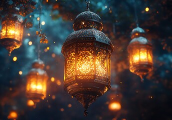 Obraz premium Illuminated Moroccan Lanterns Hanging Among Trees with a Mystical Glowing Background