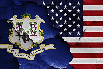 Flags of Connecticut and USA painted on cracked wall