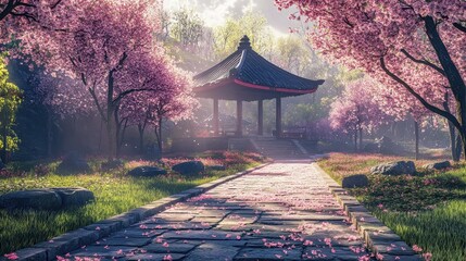 A picturesque gazebo surrounded by cherry blossoms and lush greenery along a stone path, AI generated