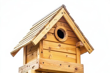 Wooden Birdhouse with Round Opening and Sloping Roof Design