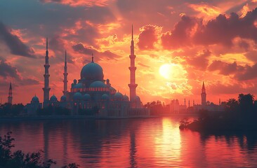 Fototapeta premium Sunset Behind a Mosque with Reflection on Water