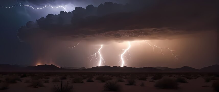 A dramatic lightning storm illuminating a sprawling desert landscape creating stark contrasts and shadows
