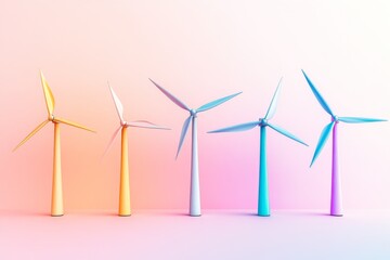 Colorful wind turbines in minimalist design showcasing renewable energy concept