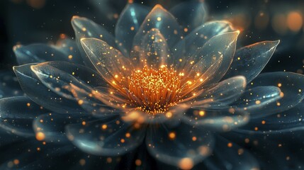 A glowing abstract flower with fiery orange petals and an ethereal light effect, AI generated