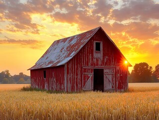 Rustic red barn sunrise field agriculture landscape