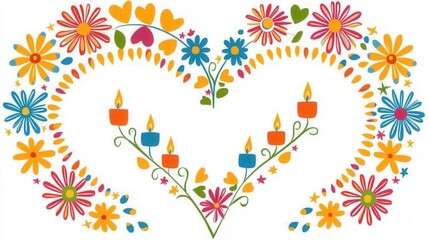 Naklejka premium Vibrant Floral Heart With Lit Candles And White Background