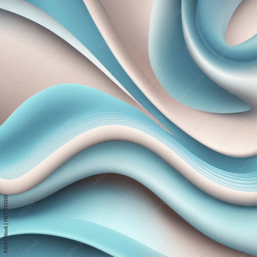 Poster smooth flowing abstract forms in blue and beige hues with a soft gradient, evoking a calm and gentle