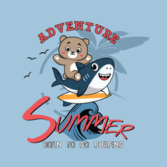 Cute animal character surfing on the waves at an island beach, tropical adventure concept.