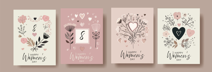 Happy Women's Day greeting cards collection with floral heart designs, number 8, and elegant typography in soft pastel tones, perfect for celebrating International Women's Day