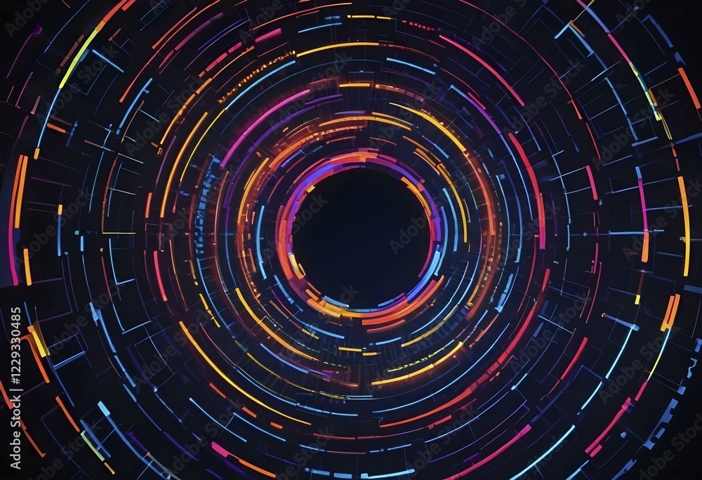 Poster futuristic circular neon patterns with colorful concentric circles on a dark background, ai generate