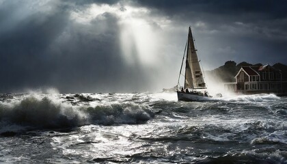 Storm surge, hurricane-like storm, stormy weather with high waves and a sailing boat on the sea, AI generated