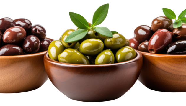 Collection of three delicious olives isolated on transparent background