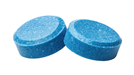 Two blue cleaning tablets for toilet bowl isolated on transparent background. Transparent background