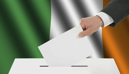 The irish flag and the hand with the bulletin about the ballot box