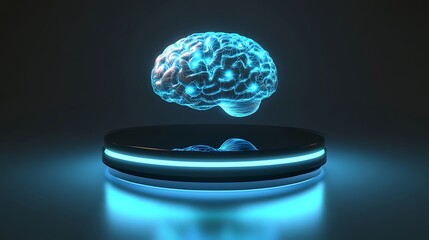 A glowing neural AI brain with vibrant blue highlights, hovering over a reflective black circular platform illuminated with soft blue gradients.