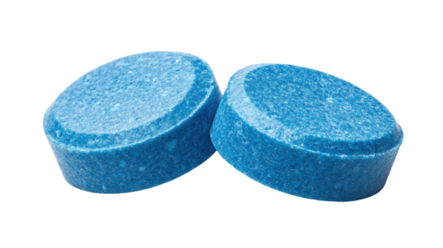 Two blue cleaning tablets for toilet bowl isolated on transparent background. Transparent background - Powered by Adobe