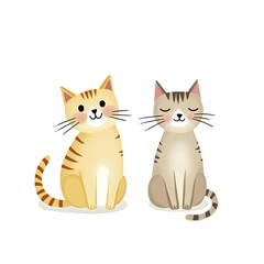 Obraz premium Two cartoon cats sitting, one orange and cream with stripes, and the other beige and brown with stripes, on a white background, AI generated